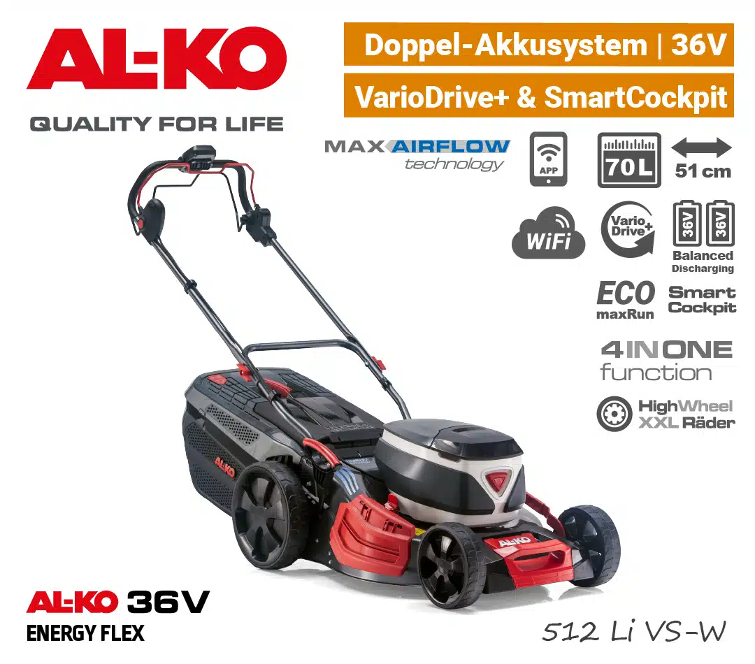 AL-KO 512 Li VS W Akku-Rasenmäher 36V ALKO 512 Li VS W Akku-Rasenmäher 36V EnergyFlex 40V Vario-Antrieb selbstfahrend 4-in-1 EU9