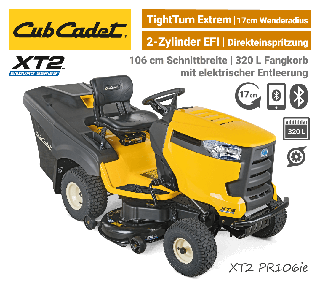 Cub Cadet XT2 PR106 ie Rasentraktor mit Direkeinspritzung EFI Cub Cadet XT2 PR106 ie Direkeinspritzung EFI 2-Zylinder Bluetooth Rasentraktor EU9