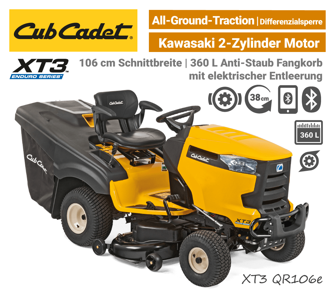 Cub Cadet XT3 QR106 e Diffrenzialsperre elektrische Korb-Entleerung Bluetooth Rasentraktor Cub Cadet XT3 QR106 e Diffrenzialsperre elektrische Korb-Entleerung Bluetooth Rasentraktor EU9