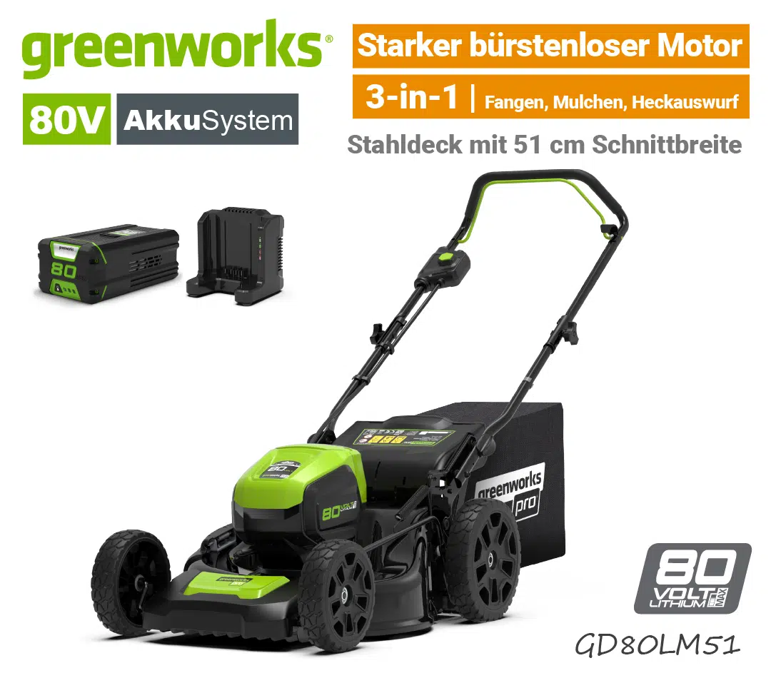 Greenworks 80V GD80LM51 Akku-Rasenmäher Greenworks 80V GD80LM51 Akku-Rasenmäher 80 Volt 51 cm EU9