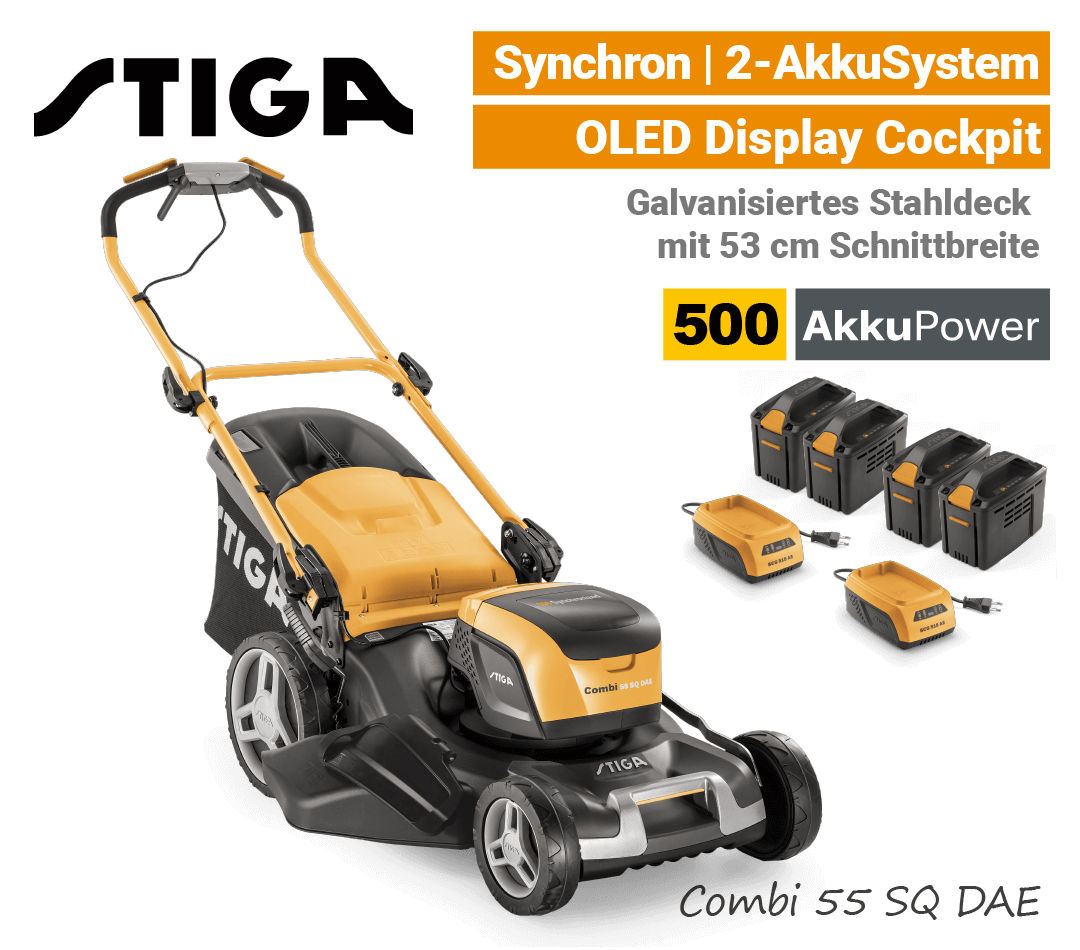 Stiga Combi 55 SQ DAE mit Radantrieb Stiga Combi 55 SQ DAE Akku-Rasenmäher Radantrieb Synchron 500 EU9