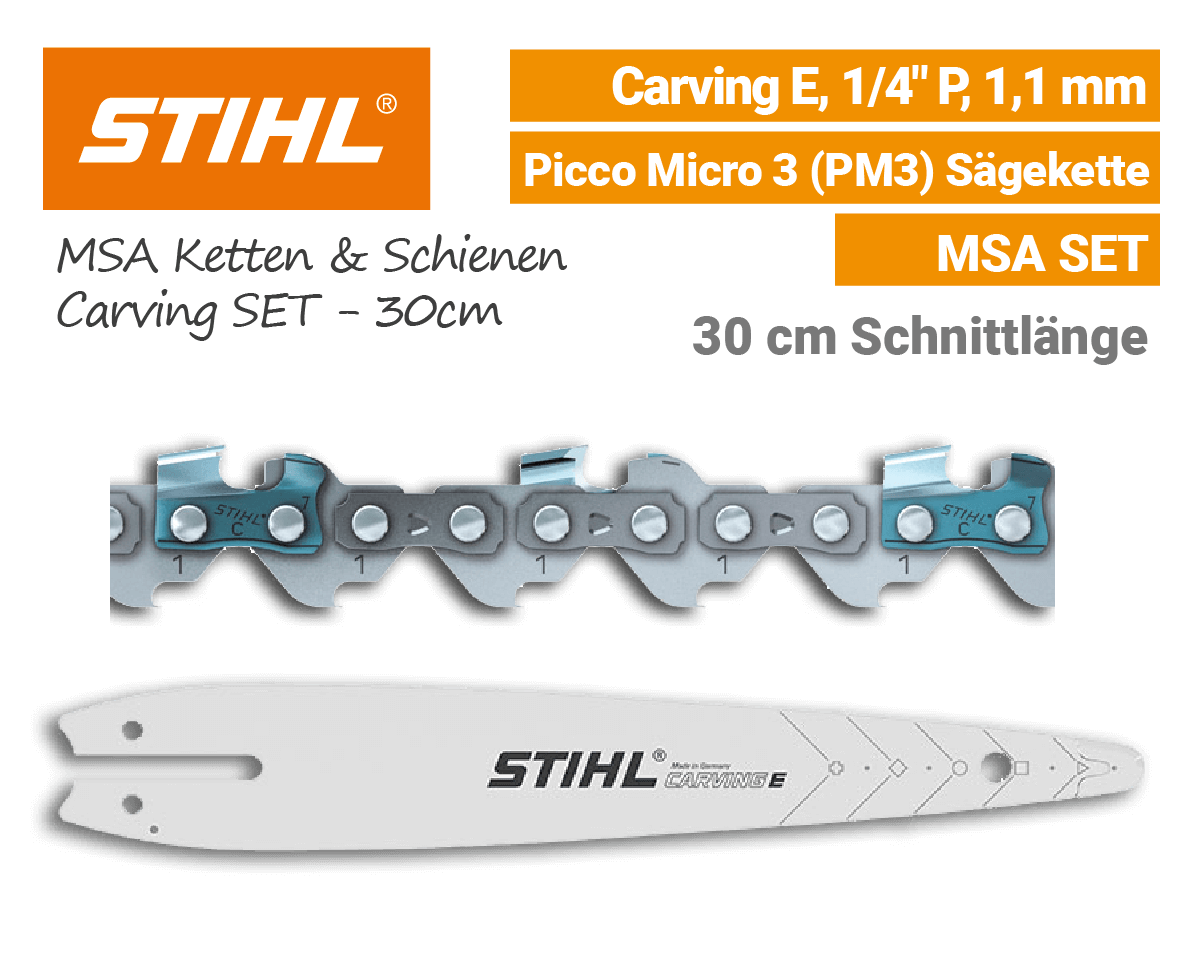 Stihl Carving E Schiene - Picco Micro 3 PM3 1/4" 1,1mm Kette 30cm MSA SET Stihl Carving E Schiene - Picco Micro 3 PM3 1/4" 1,1mm Kette 30cm MSA SET EU9