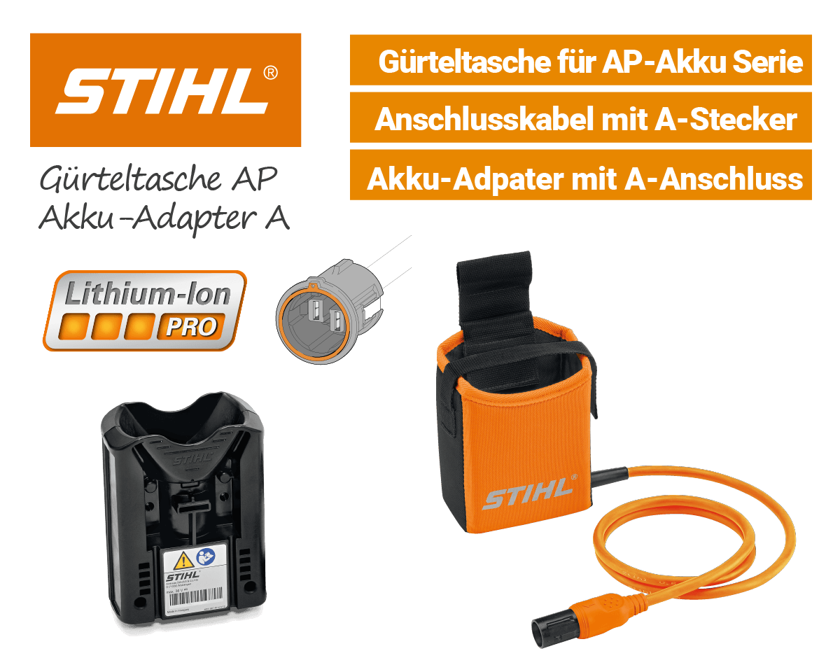 Stihl Gürteltasche Orange mit A-Stecker und Akku-Adapter AP Lithium-Ion Pro Stihl Akku-Gürteltasche Orange mit A-Stecker und Akku-Adapter AP Li-Ion Pro EU9