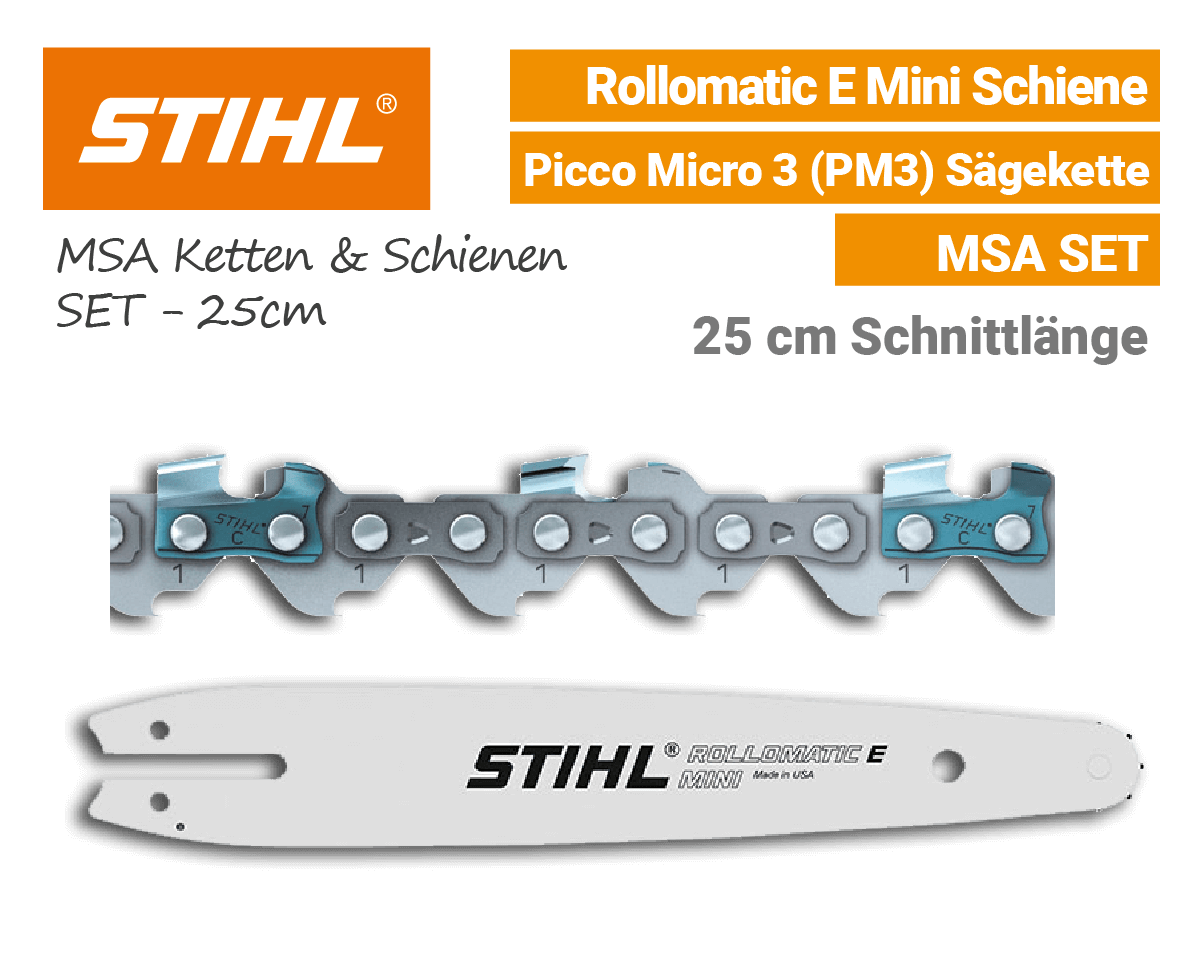 Stihl Rollomatic E-Mini 1/4 P Schiene - Picco Micro 3 PM3 1/4 1,1mm Kette 25cm MSA SET Stihl Rollomatic E-Mini 1/4 P Schiene - Picco Micro 3 PM3 1/4 1,1mm Kette 25cm MSA Schwert-Ketten SET EU9